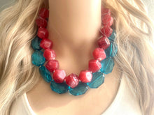 Load image into Gallery viewer, Teal &amp; Cherry Red Necklace, multi strand jewelry, big beaded chunky statement necklace, red jewelry, bridesmaid necklace, turquoise bib