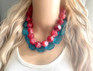 Teal & Cherry Red Necklace, multi strand jewelry, big beaded chunky statement necklace, red jewelry, bridesmaid necklace, turquoise bib
