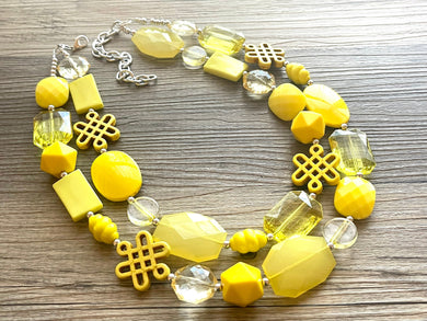 Big Bead yellow Necklace, Double Strand Statement Jewelry, bright yellow Chunky bib bridesmaid, yellow jewelry, yellow necklace beaded