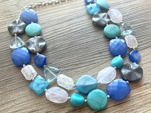 Load image into Gallery viewer, Tranquil Passage Statement Necklace, chunky bib beaded jewelry, gray royal blue necklace, teal aqua dark blue beaded acrylic jewelry