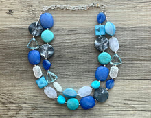 Load image into Gallery viewer, Tranquil Passage Statement Necklace, chunky bib beaded jewelry, gray royal blue necklace, teal aqua dark blue beaded acrylic jewelry