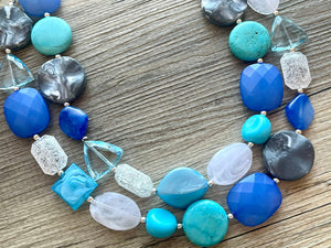 Tranquil Passage Statement Necklace, chunky bib beaded jewelry, gray royal blue necklace, teal aqua dark blue beaded acrylic jewelry