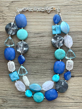 Load image into Gallery viewer, Tranquil Passage Statement Necklace, chunky bib beaded jewelry, gray royal blue necklace, teal aqua dark blue beaded acrylic jewelry