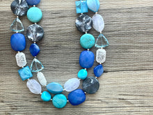 Load image into Gallery viewer, Tranquil Passage Statement Necklace, chunky bib beaded jewelry, gray royal blue necklace, teal aqua dark blue beaded acrylic jewelry