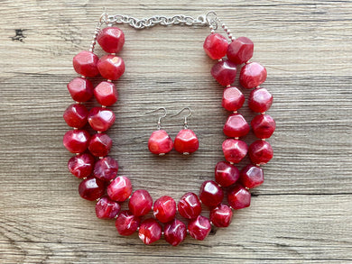 Cherry Red Chunky Statement Necklace, Big beaded jewelry, Double Strand Statement Necklace, Bib necklace, red bridesmaid wedding silver