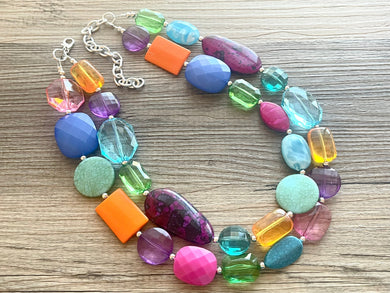 Cozumel Statement Necklace, chunky bib beaded jewelry, Rainbow jewelry, pink blue green orange necklace, beaded acrylic jewelry