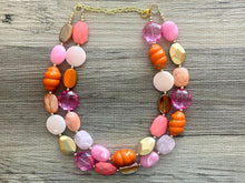 Load image into Gallery viewer, Golden Sunset Statement Necklace, chunky bib beaded jewelry, Summer jewelry, pink orange necklace, beaded acrylic jewelry hot pink