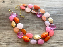 Load image into Gallery viewer, Golden Sunset Statement Necklace, chunky bib beaded jewelry, Summer jewelry, pink orange necklace, beaded acrylic jewelry hot pink