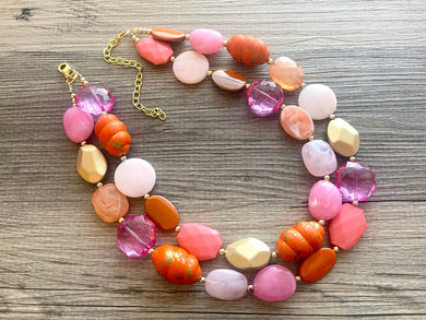 Golden Sunset Statement Necklace, chunky bib beaded jewelry, Summer jewelry, pink orange necklace, beaded acrylic jewelry hot pink