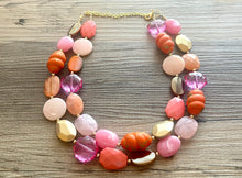 Load image into Gallery viewer, Golden Sunset Statement Necklace, chunky bib beaded jewelry, Summer jewelry, pink orange necklace, beaded acrylic jewelry hot pink