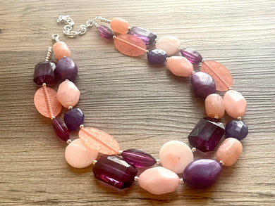 Seascape Eggplant & Peach Coral Chunky Statement Necklace, Multi-Strand Beaded Jewelry eggplant jewelry, bridesmaid wedding