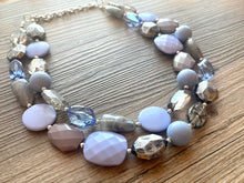 Load image into Gallery viewer, Periwinkle &amp; Gray Chunky Statement Necklace, multi Strand Beaded Jewelry, purple gray jewelry, bib beaded lavender smoke necklace