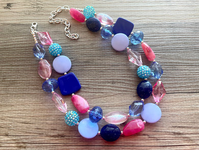 Dreamscape chunky necklace, turquoise blue beaded jewelry, resin beaded periwinkle necklace, pink beaded necklace, royal purple lavender