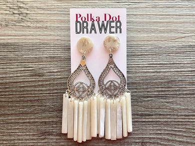Cream & Silver Geometric Statement Earrings, teardrop acrylic teardrop jewelry, vintage jewelry drop dangle earrings