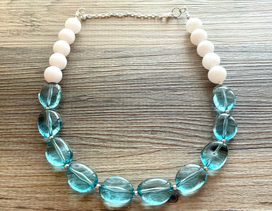 White & blue single strand chunky jewelry, single strand handmade beaded metallic statement necklace, teal blue bib bubble necklace