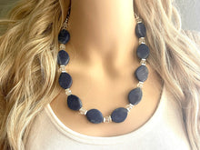 Load image into Gallery viewer, Silver &amp; Navy blue single strand chunky jewelry, single strand handmade beaded metallic statement necklace, teal blue bib necklace