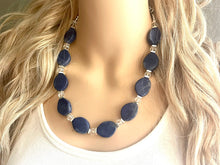 Load image into Gallery viewer, Silver &amp; Navy blue single strand chunky jewelry, single strand handmade beaded metallic statement necklace, teal blue bib necklace