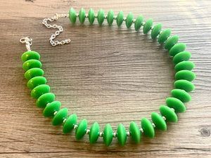 Mod Green Statement Necklace, Single Strand necklace Chunky Jewelry, kelly green jewelry, beaded necklace, green necklace silver beaded