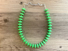 Load image into Gallery viewer, Mod Green Statement Necklace, Single Strand necklace Chunky Jewelry, kelly green jewelry, beaded necklace, green necklace silver beaded