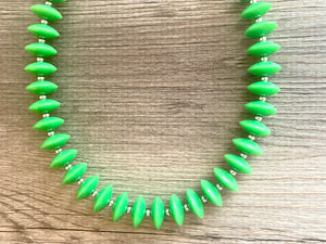 Mod Green Statement Necklace, Single Strand necklace Chunky Jewelry, kelly green jewelry, beaded necklace, green necklace silver beaded