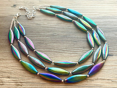 Black Rainbow Triple Strand necklace, black necklace, statement necklace jewelry, chunky pride necklace, gray oil necklace