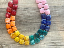 Load image into Gallery viewer, COLORFUL Triple Rainbow Beaded Necklace Jewelry, Chunky statement necklace, big beaded necklace, rainbow jewelry, rainbow baby confetti