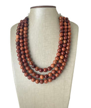 Load image into Gallery viewer, 3 Strand Wood Beaded Necklace, brown Jewelry Chunky statement necklace, big beaded necklace jewelry, natural smooth wood earrings