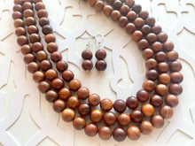 Load image into Gallery viewer, 3 Strand Wood Beaded Necklace, brown Jewelry Chunky statement necklace, big beaded necklace jewelry, natural smooth wood earrings