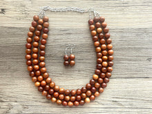 Load image into Gallery viewer, 3 Strand Wood Beaded Necklace, brown Jewelry Chunky statement necklace, big beaded necklace jewelry, natural smooth wood earrings