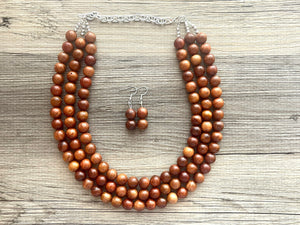 3 Strand Wood Beaded Necklace, brown Jewelry Chunky statement necklace, big beaded necklace jewelry, natural smooth wood earrings