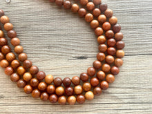 Load image into Gallery viewer, 3 Strand Wood Beaded Necklace, brown Jewelry Chunky statement necklace, big beaded necklace jewelry, natural smooth wood earrings