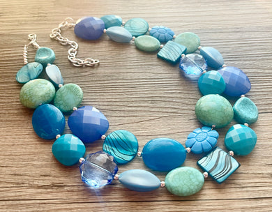 Spring Storm Statement Necklace, chunky bib beaded jewelry, neutral jewelry, blue turquoise necklace, beaded acrylic green jewelry teal