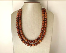 Load image into Gallery viewer, 2 Strand Wood Beaded Necklace, brown Jewelry Chunky statement necklace, big beaded necklace jewelry, natural smooth wood earrings