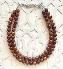 Load image into Gallery viewer, 2 Strand Wood Beaded Necklace, brown Jewelry Chunky statement necklace, big beaded necklace jewelry, natural smooth wood earrings