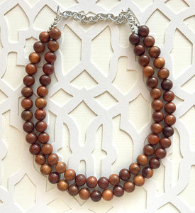 2 Strand Wood Beaded Necklace, brown Jewelry Chunky statement necklace, big beaded necklace jewelry, natural smooth wood earrings