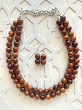 Load image into Gallery viewer, 2 Strand Wood Beaded Necklace, brown Jewelry Chunky statement necklace, big beaded necklace jewelry, natural smooth wood earrings