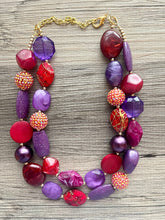 Load image into Gallery viewer, Jazz Club Chunky Statement Necklace Beaded Jewelry, red maroon purple jewelry bridesmaid bib wedding cranberry eggplant double strand