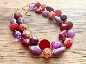 Jazz Club Chunky Statement Necklace Beaded Jewelry, red maroon purple jewelry bridesmaid bib wedding cranberry eggplant double strand