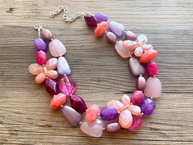 Butterfly Garden Purple Pink Coral Chunky Statement Necklace Triple Strand Beaded Jewelry, jewelry bridesmaid wedding necklace
