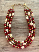 Load image into Gallery viewer, Cranberry Crush Chunky 3 Strand Statement Necklace, fall necklace, maroon jewelry, dark red necklace, red gold tan, red statement