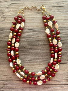 Cranberry Crush Chunky 3 Strand Statement Necklace, fall necklace, maroon jewelry, dark red necklace, red gold tan, red statement