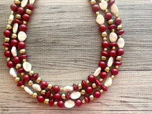 Load image into Gallery viewer, Cranberry Crush Chunky 3 Strand Statement Necklace, fall necklace, maroon jewelry, dark red necklace, red gold tan, red statement