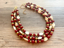 Load image into Gallery viewer, Cranberry Crush Chunky 3 Strand Statement Necklace, fall necklace, maroon jewelry, dark red necklace, red gold tan, red statement