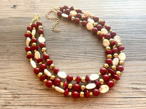 Cranberry Crush Chunky 3 Strand Statement Necklace, fall necklace, maroon jewelry, dark red necklace, red gold tan, red statement