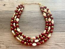 Load image into Gallery viewer, Cranberry Crush Chunky 3 Strand Statement Necklace, fall necklace, maroon jewelry, dark red necklace, red gold tan, red statement