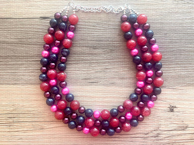 Mixed Berry Triple Strand statement necklace, pretty big beaded chunky jewelry, purple blue red pink jewelry, Pearl bubble necklace