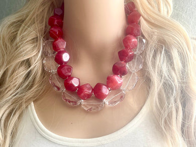 Cherry Red & Clear Resin Statement Necklace and earrings Set, Beaded red Jewelry, bright bib beaded necklace, red earrings, red jewelry