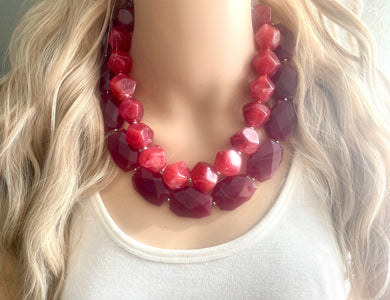 Maroon & Cherry Necklace, Double strand deep red jewelry, big beaded chunky statement necklace earring set, dark red necklace