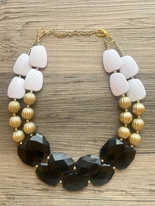 Black White and GOLD Statement Necklace, chunky beaded jewelry, neutral necklace, black and white necklace, beaded jewelry, black necklace