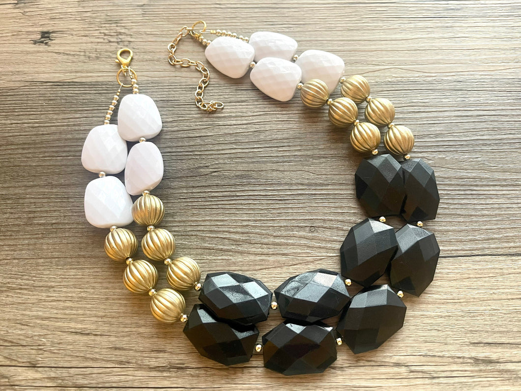 Black White and GOLD Statement Necklace, chunky beaded jewelry, neutral necklace, black and white necklace, beaded jewelry, black necklace